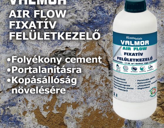 A VALMOR AIR FLOW Fixatív Felületkezelő, egy kálium szilikát oldat, amely ásványi kötésű, porozitással rendelkező felületek fixálására, portalanítására és kopásállóság javításra alkalmazható, kül- és beltérben.