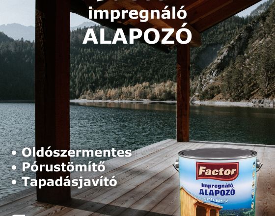 A FACTOR Aqua Impregnáló Alapozó oldószermentes termék, mely alkalmas kül- és beltéri fafelületek (faház, épületasztalos ipari termék, kerti építmények, kerítés, fűrészáru, stb.) lazúrozás előtti, pórustömítő alapozására. Próbáld ki te is!